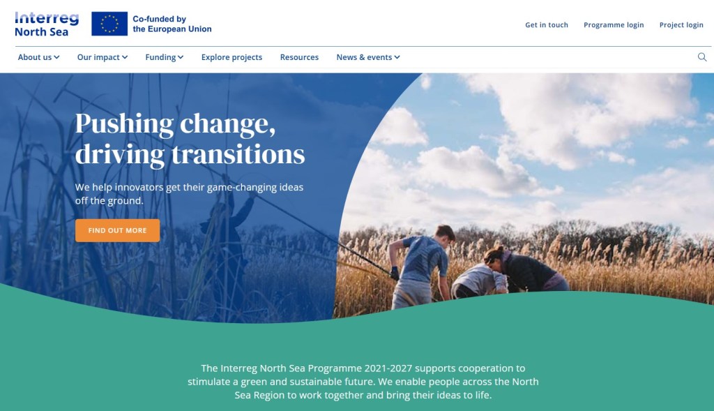 Das Bild zeigt einen Bildschirmscreenshot der Programmwebseite des Joint Secretariats des Interreg-Nordseeprogramms.